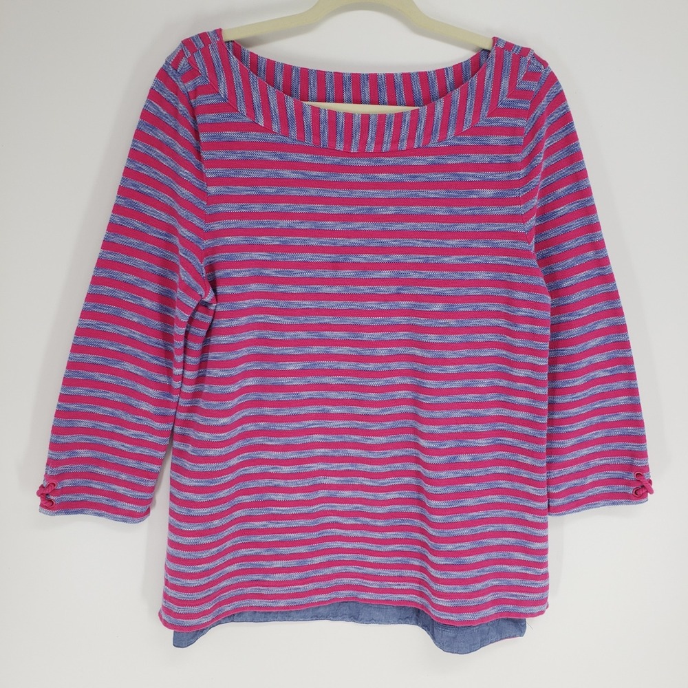 Talbots Striped Boat Neck Knit Top Women Size L Pink Blue 3/4 Sleeve Cotton